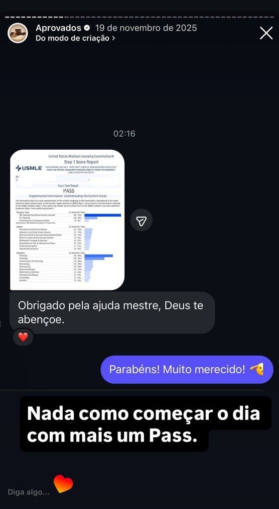 Mensagem de aluno aprovado no USMLE