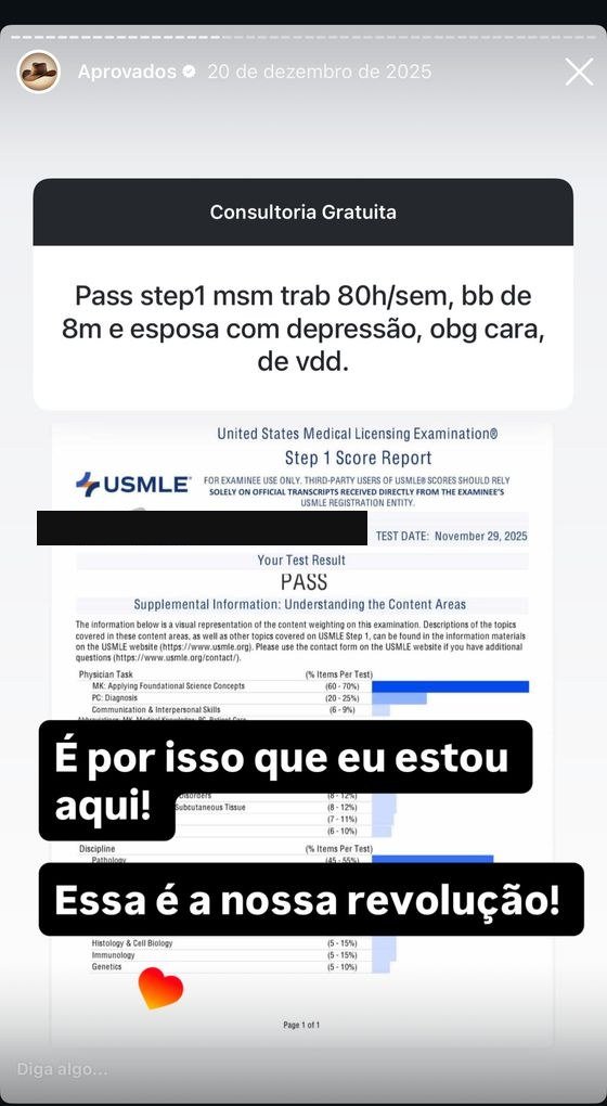 Mensagem de aluno aprovado no USMLE