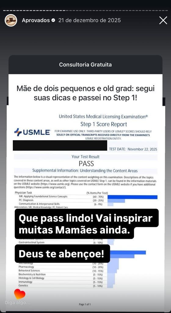 Mensagem de aluno aprovado no USMLE