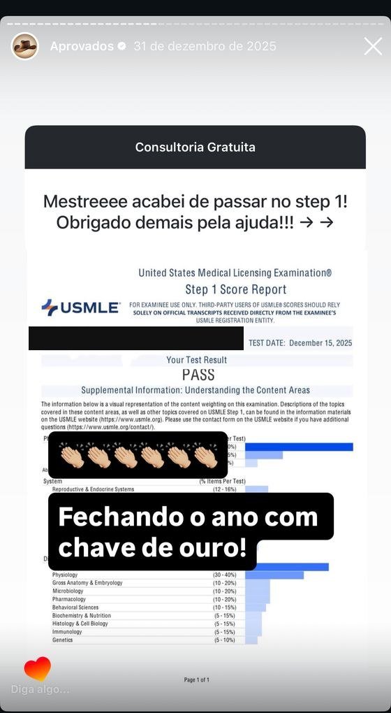 Mensagem de aluno aprovado no USMLE