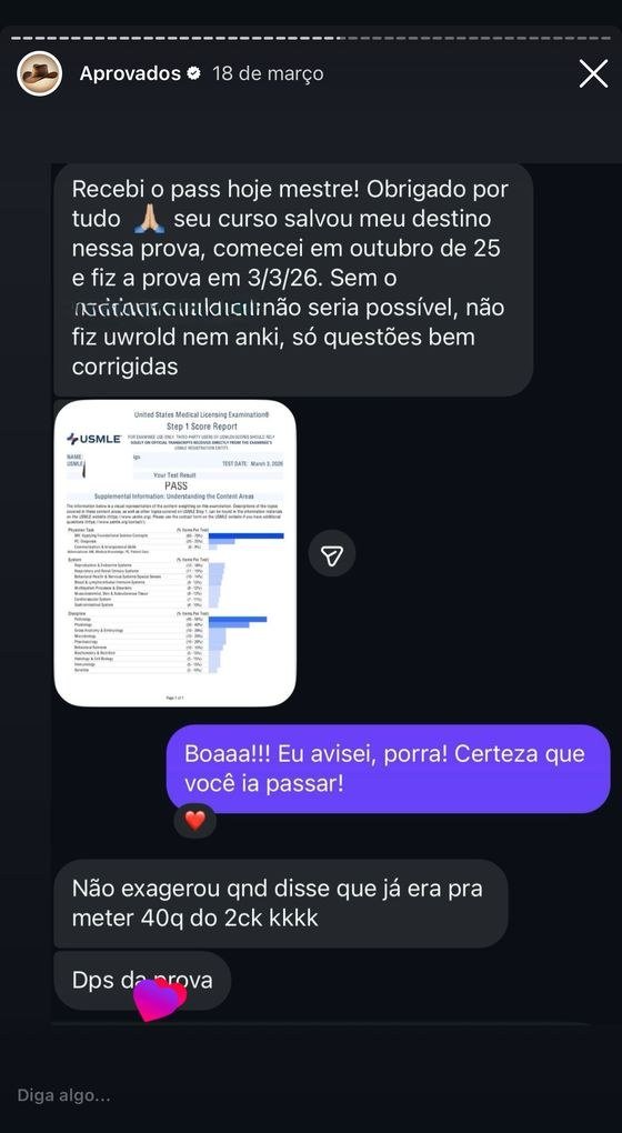 Mensagem de aluno aprovado no USMLE