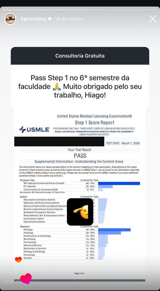Mensagem de aluno aprovado no USMLE