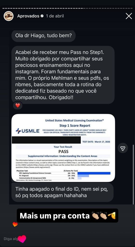 Mensagem de aluno aprovado no USMLE