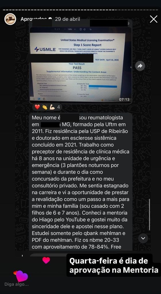 Mensagem de aluno aprovado no USMLE
