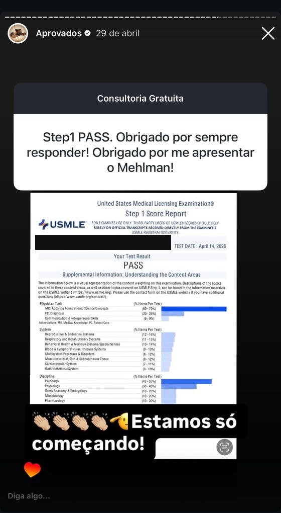Mensagem de aluno aprovado no USMLE