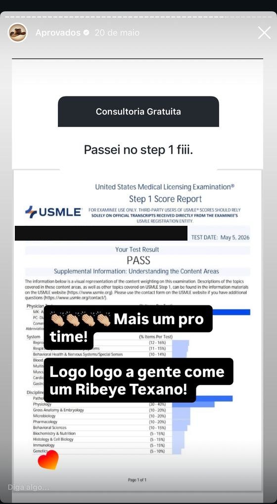 Mensagem de aluno aprovado no USMLE