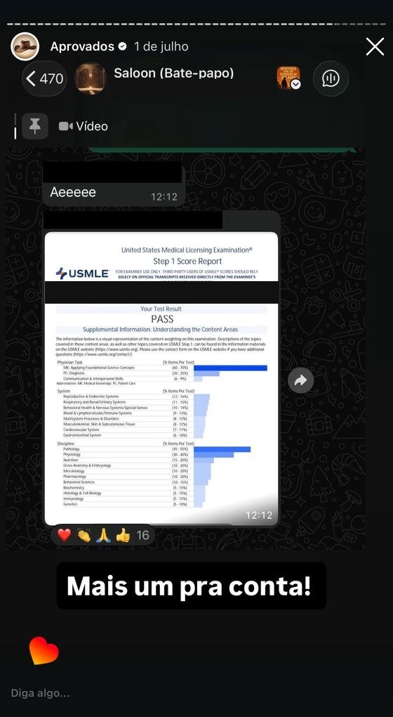Mensagem de aluno aprovado no USMLE