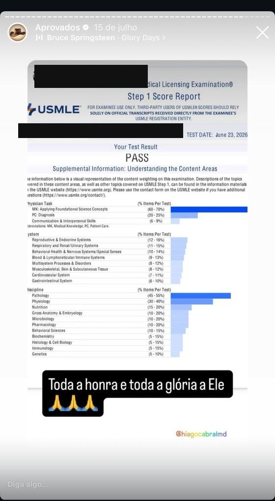 Mensagem de aluno aprovado no USMLE